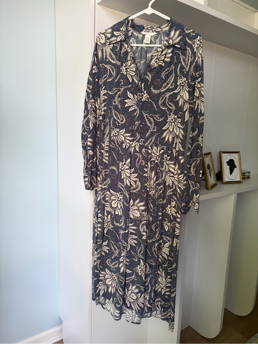 Floral V-Neck Long Sleeve Maxi Dress - Navy & Cream
